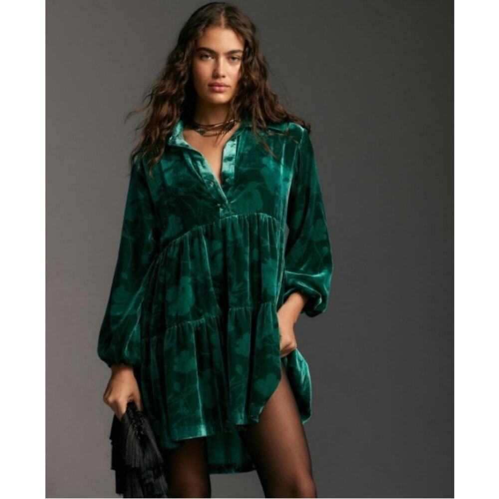 New Maeve Anthropologie Bettina Tiered Mini Shirt Dress Green Velvet Women's M